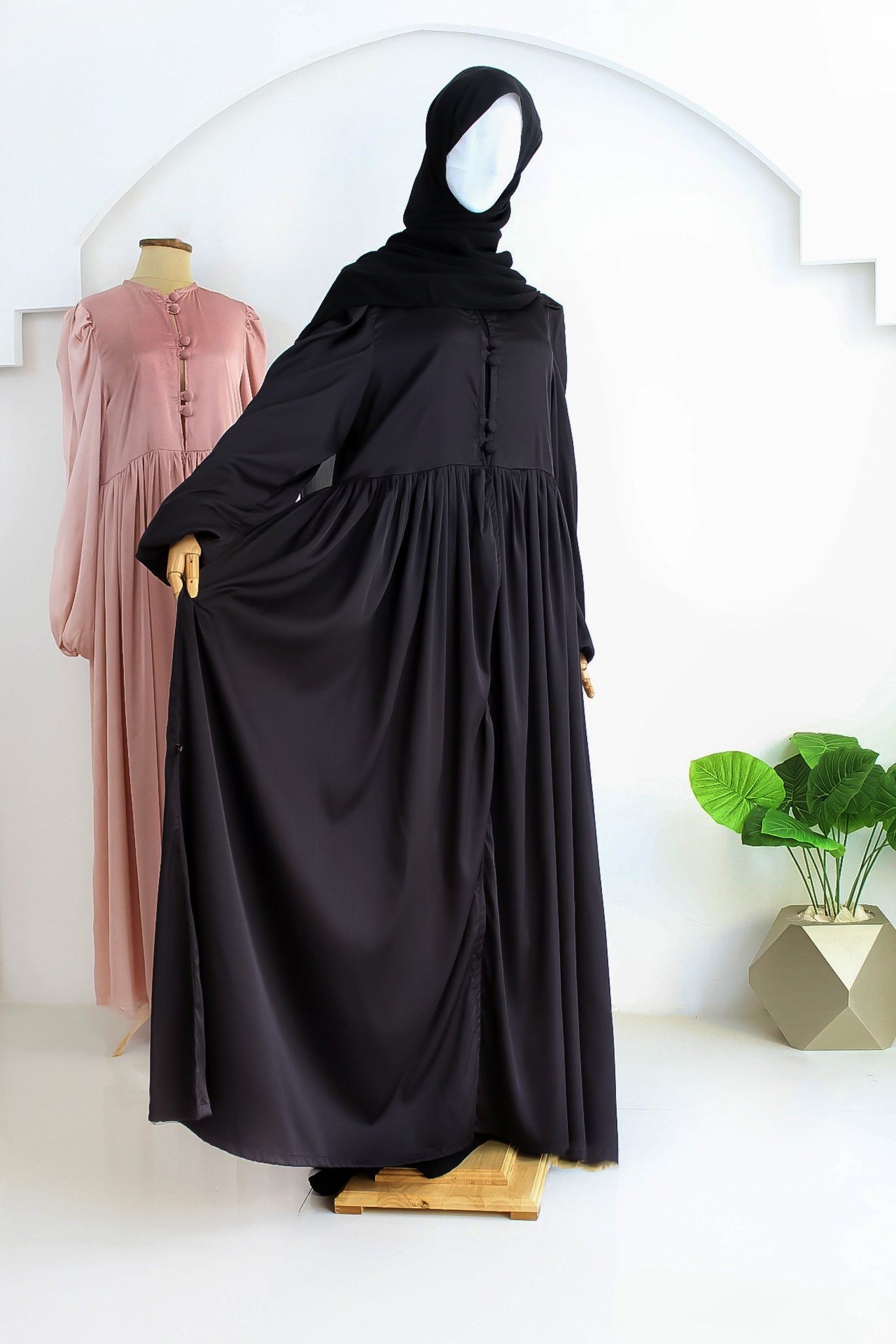 Satin Abaya/ Cardigan With Ruffled Waist &Fabric Button