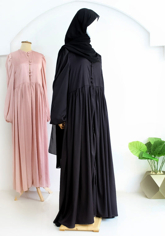 Satin Abaya/ Cardigan With Ruffled Waist &Fabric Button