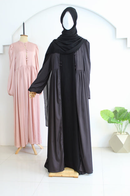 Satin Abaya/ Cardigan With Ruffled Waist &Fabric Button