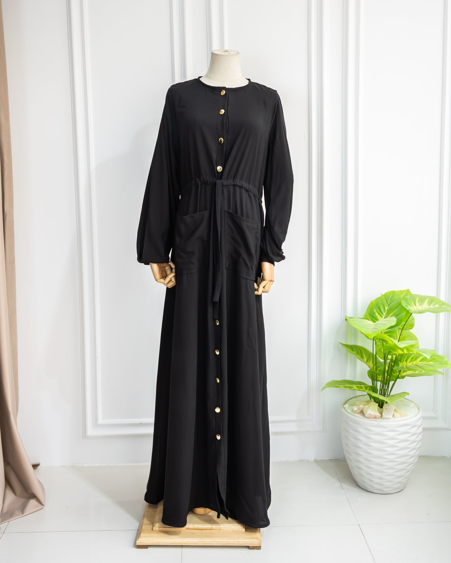 Abaya With Golden Buttons , Front Pockets& Ruffled Belt